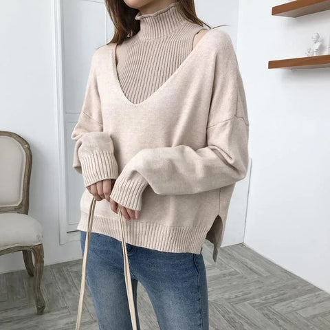 New Casual ff shoulder turtleneck vest + long sleeve Deep V Jumper two pieces set CODE: KAR2712