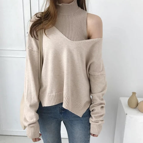 New Casual ff shoulder turtleneck vest + long sleeve Deep V Jumper two pieces set CODE: KAR2712