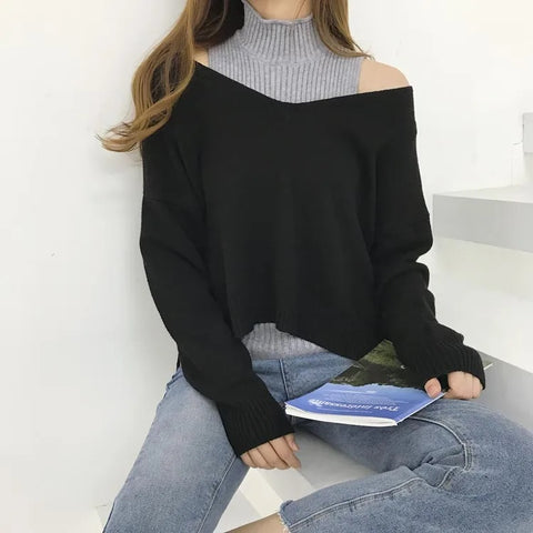 New Casual ff shoulder turtleneck vest + long sleeve Deep V Jumper two pieces set CODE: KAR2712