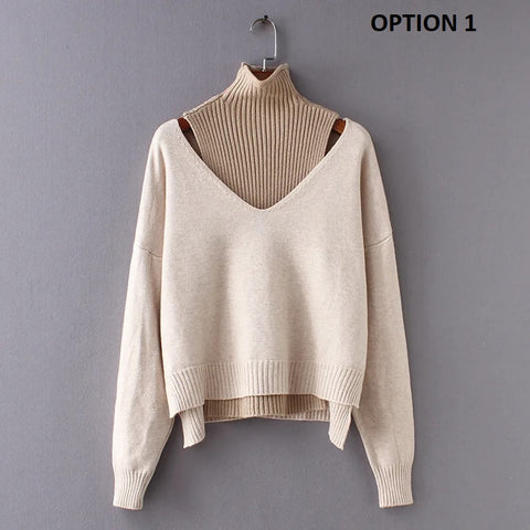 New Casual ff shoulder turtleneck vest + long sleeve Deep V Jumper two pieces set CODE: KAR2712