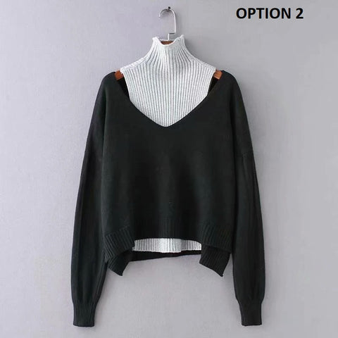 New Casual ff shoulder turtleneck vest + long sleeve Deep V Jumper two pieces set CODE: KAR2712