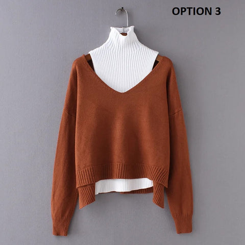New Casual ff shoulder turtleneck vest + long sleeve Deep V Jumper two pieces set CODE: KAR2712