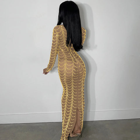 New Sexy See Though Long Sleeve Bodycon Midi Maxi Dress CODE: KAR2716