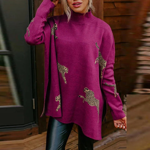 New Autumn Winter Leopard Print Turtleneck Long Sleeve Loose Pullover CODE: KAR2717