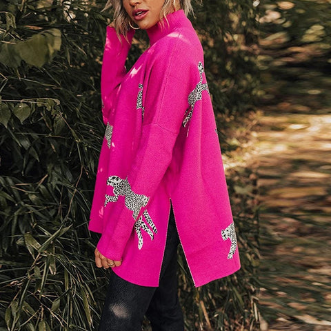 New Autumn Winter Leopard Print Turtleneck Long Sleeve Loose Pullover CODE: KAR2717