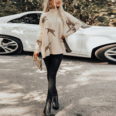 New Autumn Winter Leopard Print Turtleneck Long Sleeve Loose Pullover CODE: KAR2717
