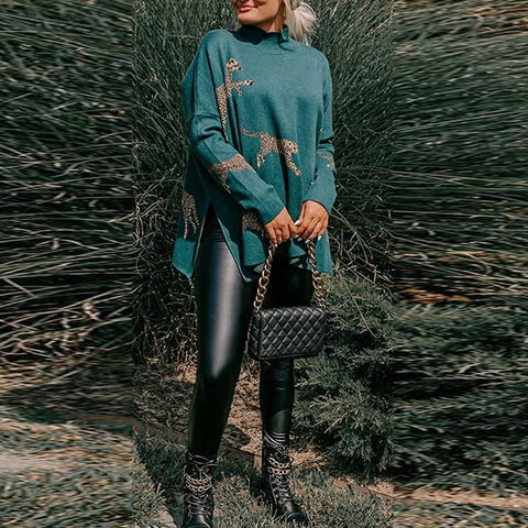 New Autumn Winter Leopard Print Turtleneck Long Sleeve Loose Pullover CODE: KAR2717