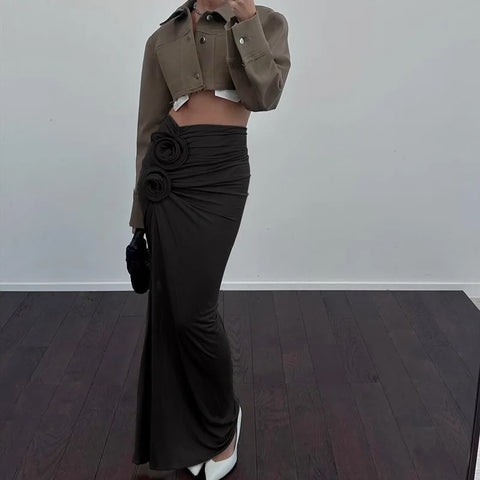 New Fashion Elegant  Floral Applique Trim Split Maxi Skirt CODE: KAR2718