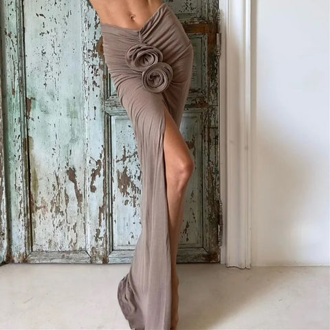New Fashion Elegant  Floral Applique Trim Split Maxi Skirt CODE: KAR2718