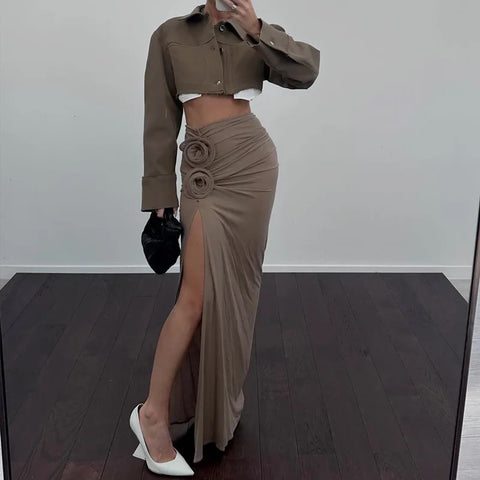 New Fashion Elegant  Floral Applique Trim Split Maxi Skirt CODE: KAR2718