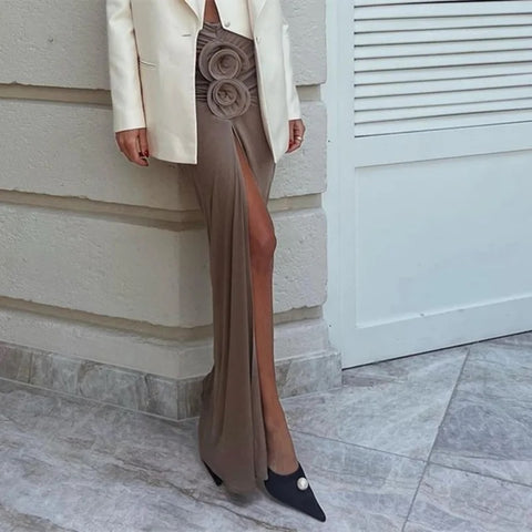 New Fashion Elegant  Floral Applique Trim Split Maxi Skirt CODE: KAR2718