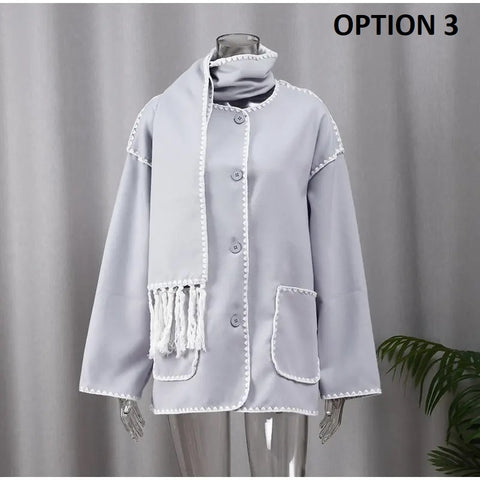 New Autumn Winter Fleece Chic Long Sleeve Solid Plush Thick Overcoat With Scarf CODE: KAR2721