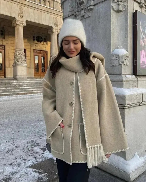 New Autumn Winter Fleece Chic Long Sleeve Solid Plush Thick Overcoat With Scarf CODE: KAR2721