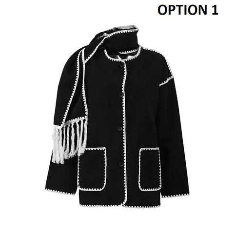 New Autumn Winter Fleece Chic Long Sleeve Solid Plush Thick Overcoat With Scarf CODE: KAR2721