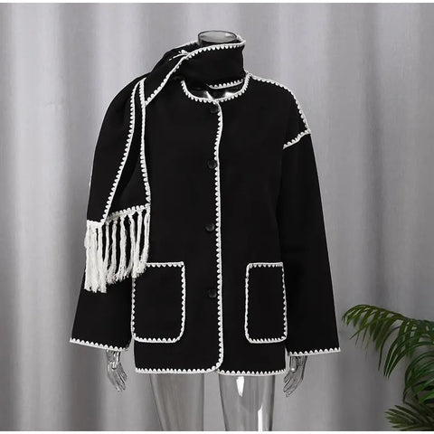 New Autumn Winter Fleece Chic Long Sleeve Solid Plush Thick Overcoat With Scarf CODE: KAR2721