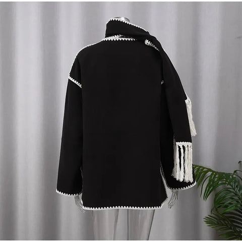 New Autumn Winter Fleece Chic Long Sleeve Solid Plush Thick Overcoat With Scarf CODE: KAR2721