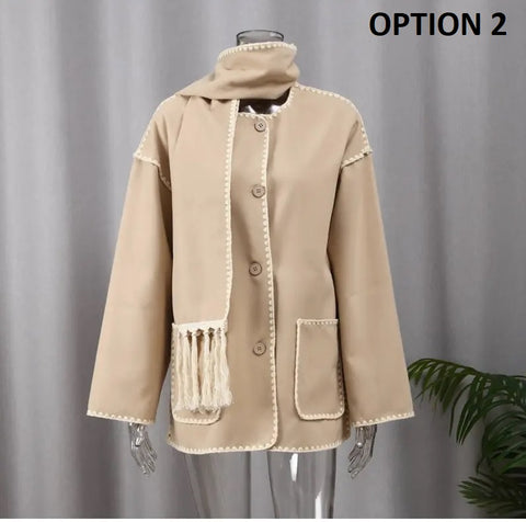 New Autumn Winter Fleece Chic Long Sleeve Solid Plush Thick Overcoat With Scarf CODE: KAR2721