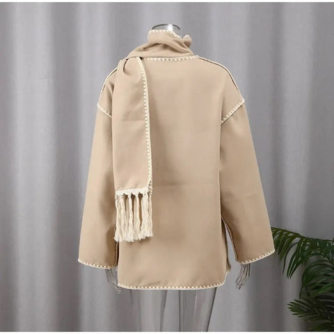 New Autumn Winter Fleece Chic Long Sleeve Solid Plush Thick Overcoat With Scarf CODE: KAR2721