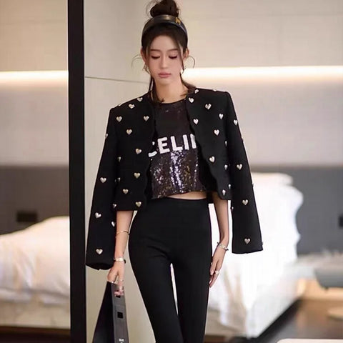 New Fashion Beading Love Peach Woolen Blends Short Top CODE: KAR2722