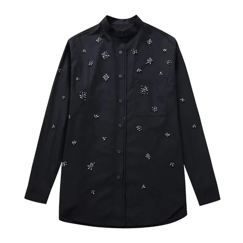 New Rhinestone Button up Long Sleeve Asymmetric Shirt CODE: KAR2725