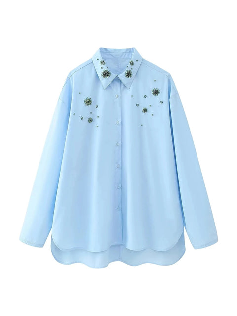 New Rhinestone Button up Long Sleeve Asymmetric Shirt CODE: KAR2725