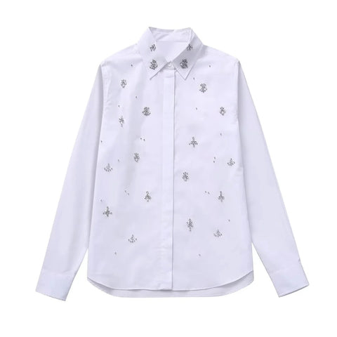 New Rhinestone Button up Long Sleeve Asymmetric Shirt CODE: KAR2725