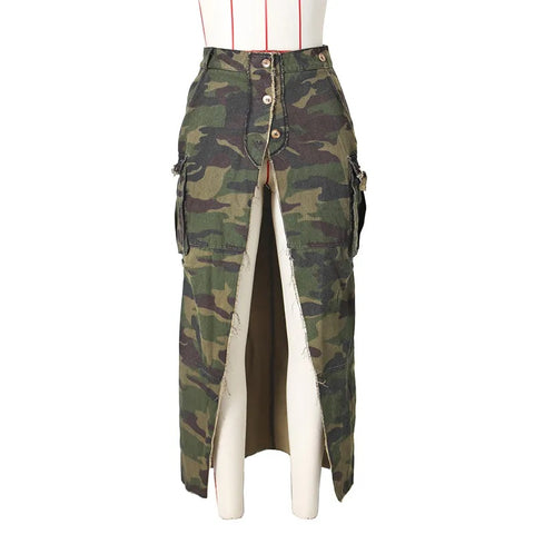 New Sexy Ripped Irregular High Split Pocket Button Long Maxi Skirt CODE: KAR2726