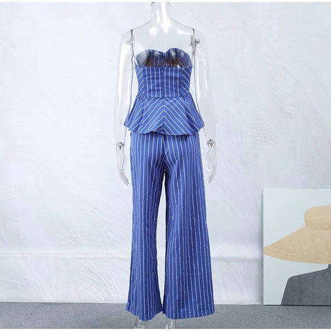New Autumn Sexy Striped Print Chic Off Shoulder Backless Tube Top Wide Pant 2-piece Set CODE: KAR2728