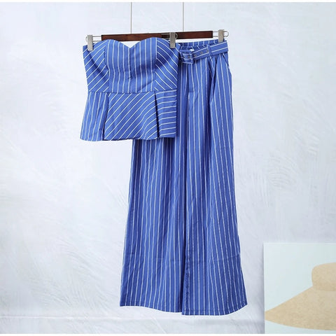New Autumn Sexy Striped Print Chic Off Shoulder Backless Tube Top Wide Pant 2-piece Set CODE: KAR2728