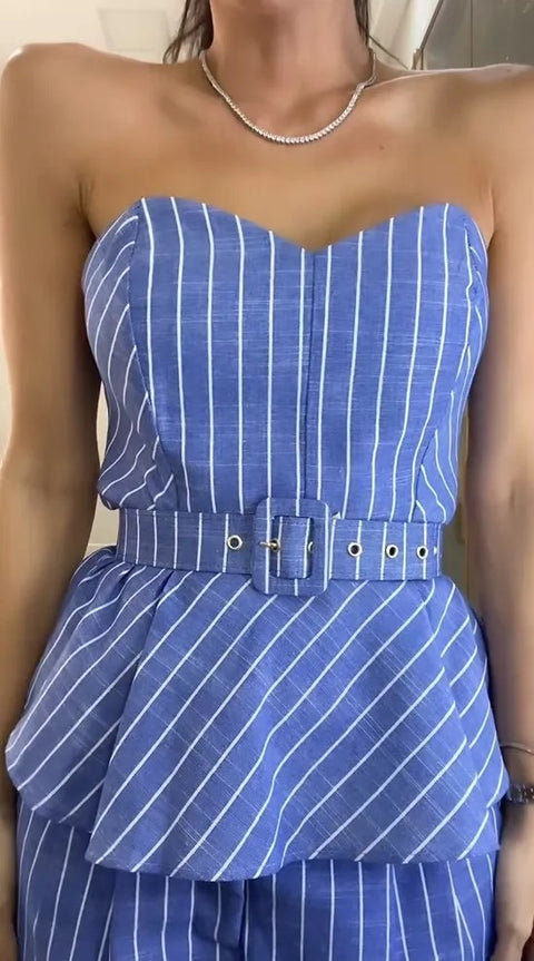 New Autumn Sexy Striped Print Chic Off Shoulder Backless Tube Top Wide Pant 2-piece Set CODE: KAR2728