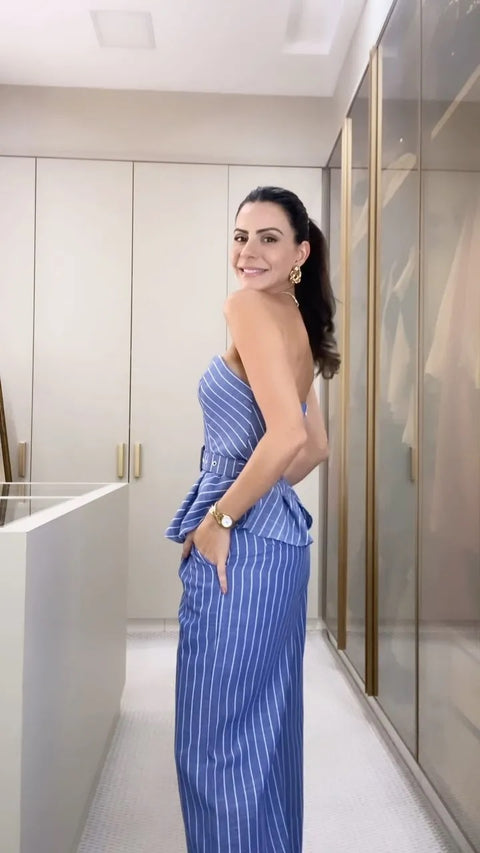 New Autumn Sexy Striped Print Chic Off Shoulder Backless Tube Top Wide Pant 2-piece Set CODE: KAR2728