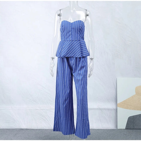 New Autumn Sexy Striped Print Chic Off Shoulder Backless Tube Top Wide Pant 2-piece Set CODE: KAR2728