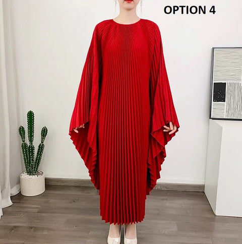 New Autumn Round Neck Batwing Sleeves Loose Large Pleated Irregular Dress CODE: KAR2735