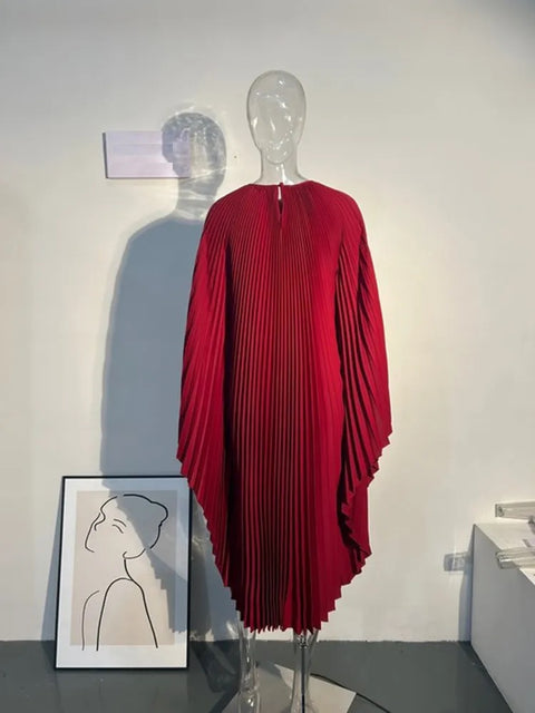 New Autumn Round Neck Batwing Sleeves Loose Large Pleated Irregular Dress CODE: KAR2735