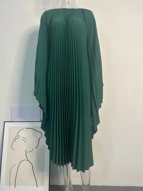 New Autumn Round Neck Batwing Sleeves Loose Large Pleated Irregular Dress CODE: KAR2735