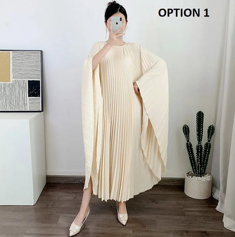 New Autumn Round Neck Batwing Sleeves Loose Large Pleated Irregular Dress CODE: KAR2735