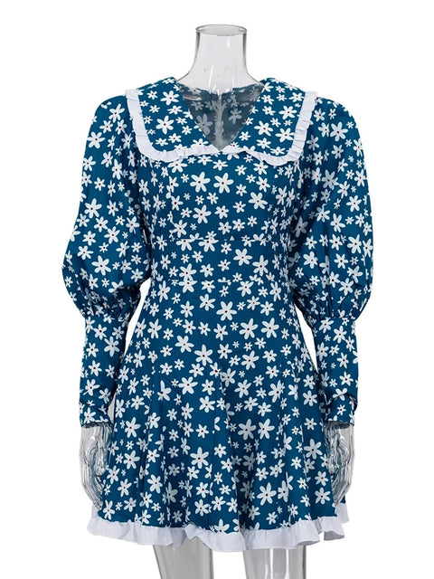 New Fashion Elegant Doll Collar Lantern Sleeve Ruffle Patchwork Mini Dress CODE: KAR2738