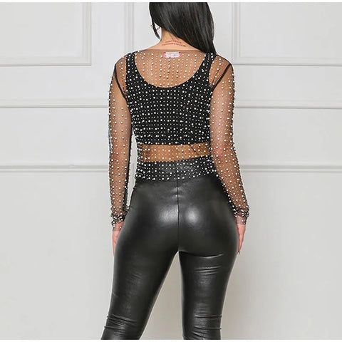 New Summer Sexy Rhinestones See Through O-Neck Long Sleeve Top CODE: KAR2740