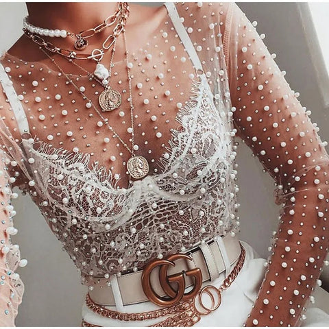 New Summer Sexy Rhinestones See Through O-Neck Long Sleeve Top CODE: KAR2740