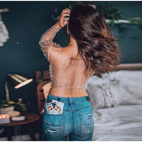 New Summer Sexy Rhinestones See Through O-Neck Long Sleeve Top CODE: KAR2740