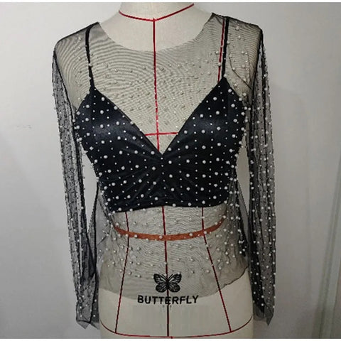 New Summer Sexy Rhinestones See Through O-Neck Long Sleeve Top CODE: KAR2740