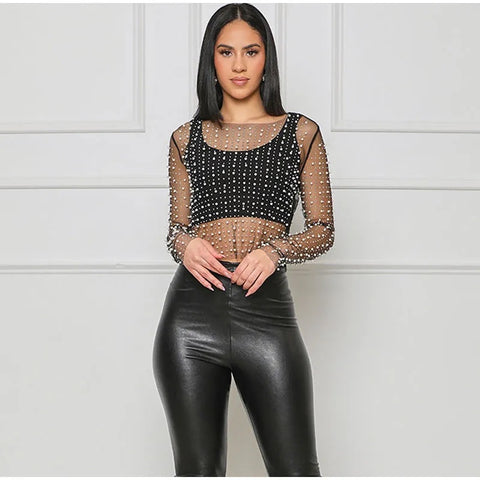 New Summer Sexy Rhinestones See Through O-Neck Long Sleeve Top CODE: KAR2740
