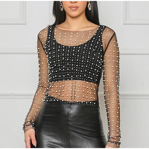 New Summer Sexy Rhinestones See Through O-Neck Long Sleeve Top CODE: KAR2740