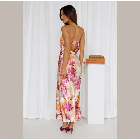 New Summer Sexy Off Shoulder Floral Print Sleeveless Backless Slim Long Dress CODE: KAR2744