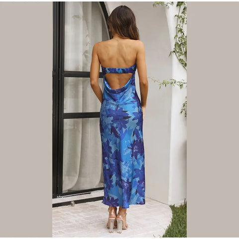 New Summer Sexy Off Shoulder Floral Print Sleeveless Backless Slim Long Dress CODE: KAR2744