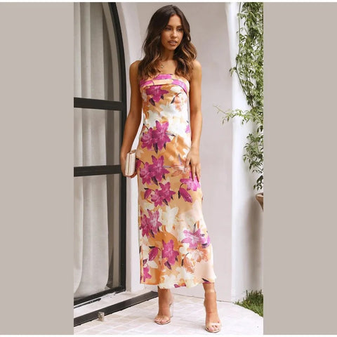 New Summer Sexy Off Shoulder Floral Print Sleeveless Backless Slim Long Dress CODE: KAR2744