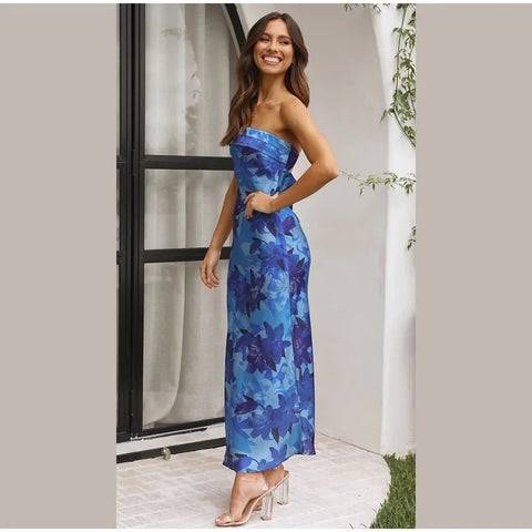New Summer Sexy Off Shoulder Floral Print Sleeveless Backless Slim Long Dress CODE: KAR2744