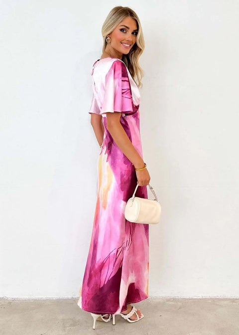 New Summer High Waist Printed Short Sleeve V-neck Fitted Slit Dress CODE: KAR2746