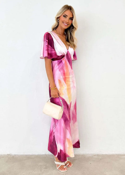 New Summer High Waist Printed Short Sleeve V-neck Fitted Slit Dress CODE: KAR2746