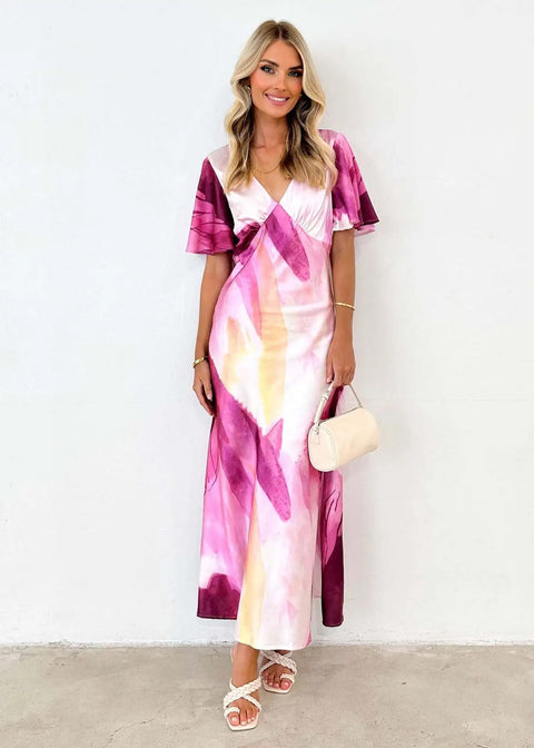 New Summer High Waist Printed Short Sleeve V-neck Fitted Slit Dress CODE: KAR2746